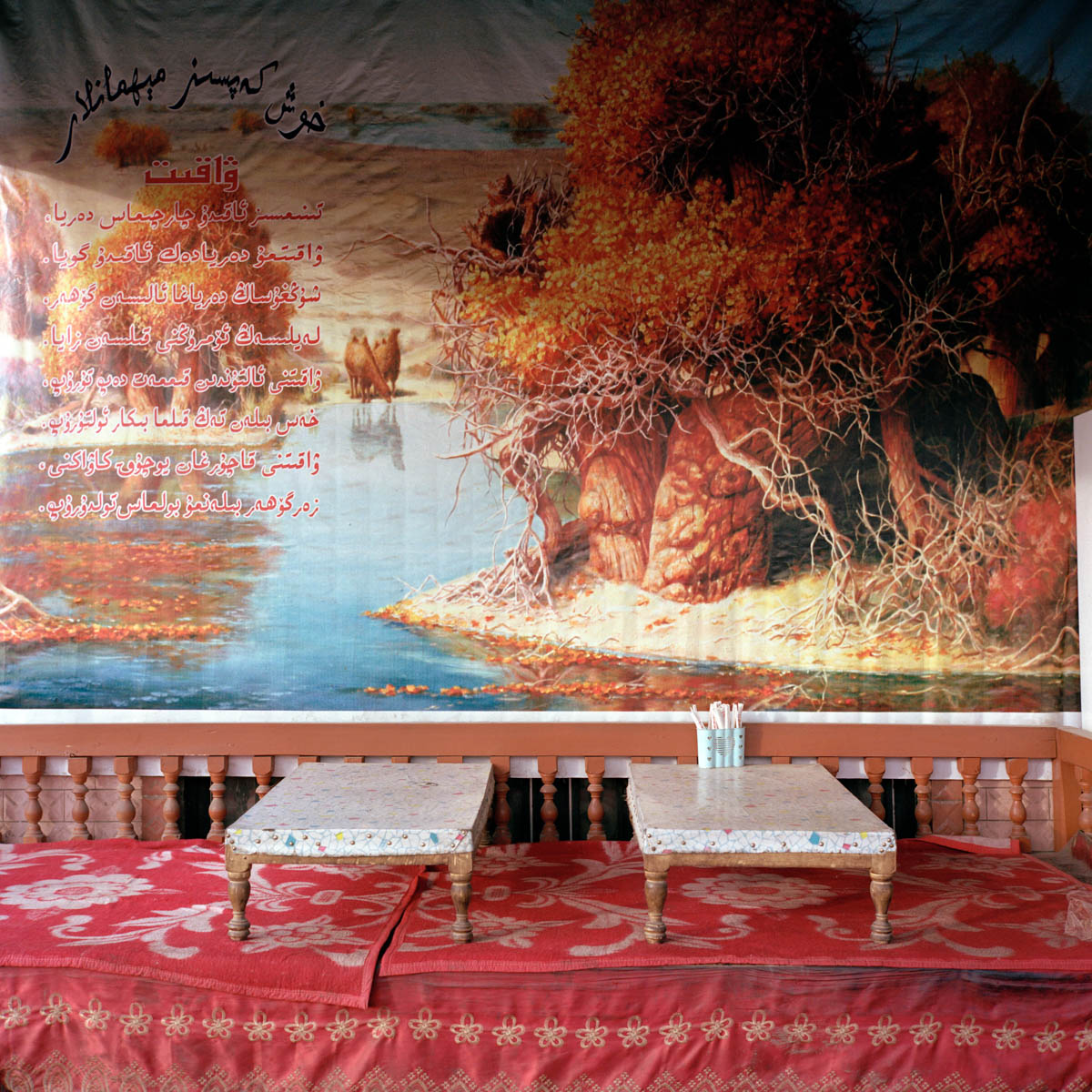 Traditional restaurant - Roadside restaurant with traditional low tables. The printed tarpaulin shows the ideal of an oasis with camels watering, bushes and desert. Hotan, Xinjiang, China 2012. 