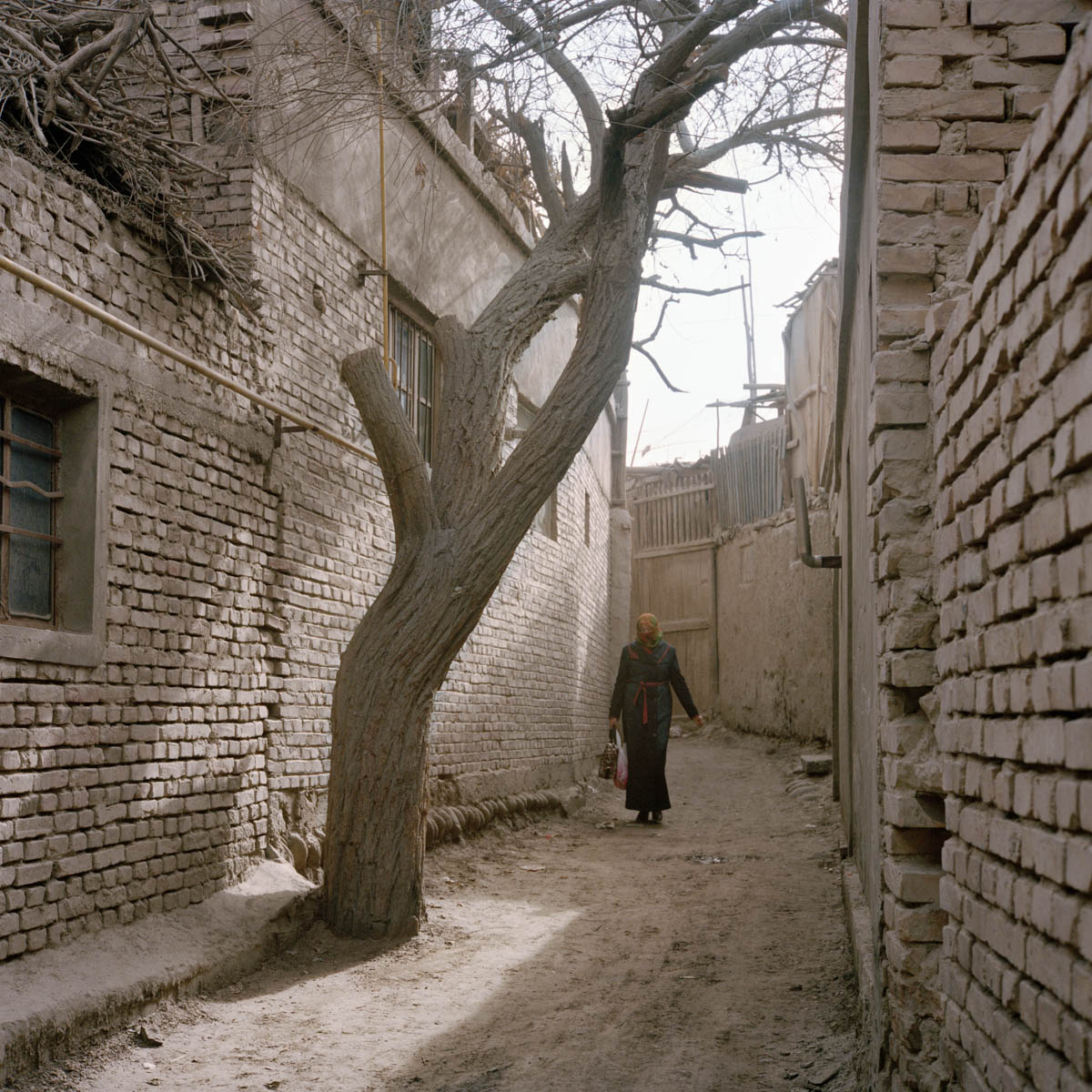 Going to the market - A woman passes by in the old part of Hotan. Houses are built in mud bricks.  Hotan, Xinjiang, China 2012