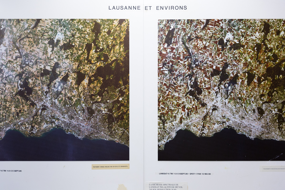 A giant display board showing a satellite view of Lausanne and nearby Lake Geneva decorates the hallway near Prof. Tamar Kohn’s office. EPFL, Lausanne, June 2017