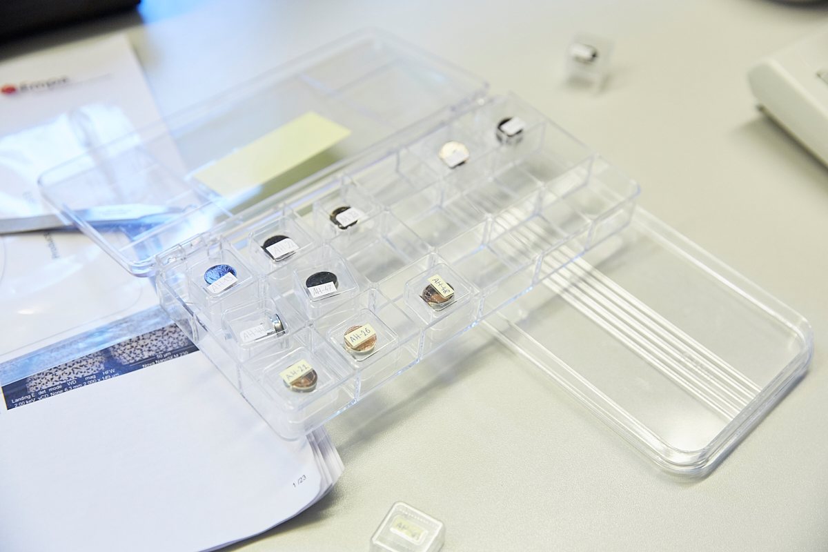 Samples of electrosensitive elastomer carefully sorted in a compartmentalized plastic box. EMPA, Dübendorf, September 2018.