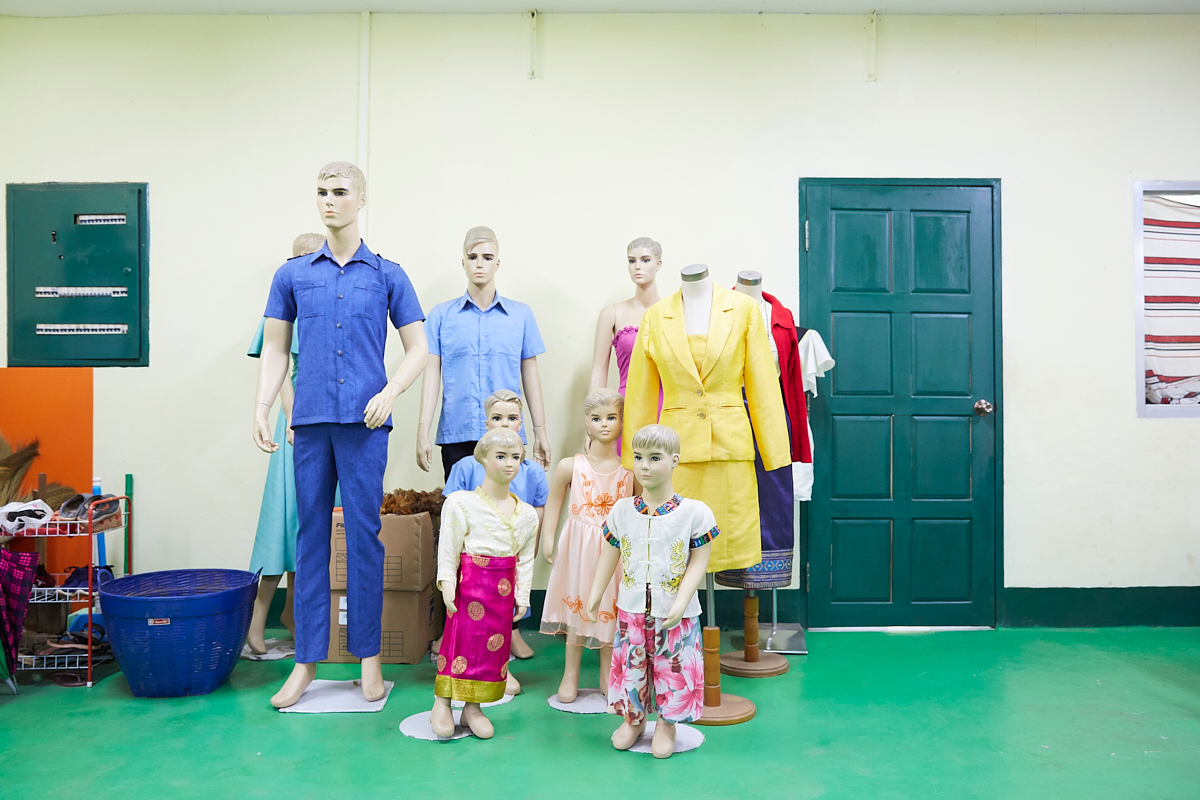 Typical Lao garment shown on mannequins at the Lao-Korea Vocational training Center in Vientiane. Vientiane, Laos, November 2018.