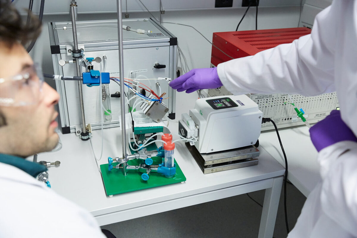  - Dr Gian Luca De Gregorio, 38, discusses the set up where copper nanoparticles are used to electroreduce CO2 EPFL Sion, December 2019 - Copyright © © S. Borcard - N. Metraux - Sion - Canton de Valais - Suisse - 